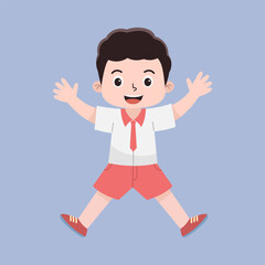 Vector Illustration of Indonesian Elementary School Cute Little Boy in White and Red Uniform. Kid Cartoon Concept in Flat Style.