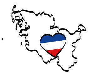 Umriss des Bundeslands Schleswig-Holstein mit Herz in den Landesfarben