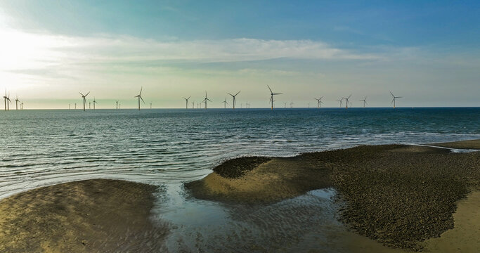 View of the Offshore wind power systems off the western coast of Taiwan. Offshore wind power systems in Taiwan.