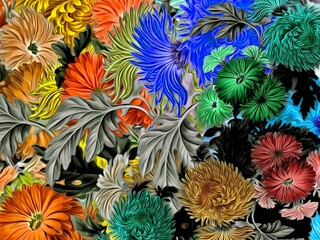 Computer graphics of abstract floral psychedelic background stylization of colored chaotic stickers in the form of leaves