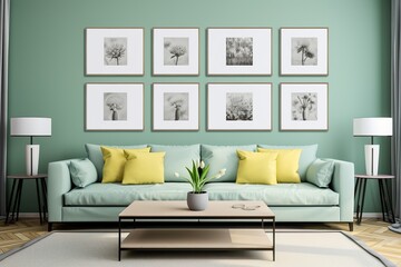 modern wall in a living room with many identical rectangle picture frames, ornate, flowers, fresh