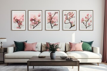 modern wall in a living room with many identical rectangle picture frames, ornate, flowers, fresh