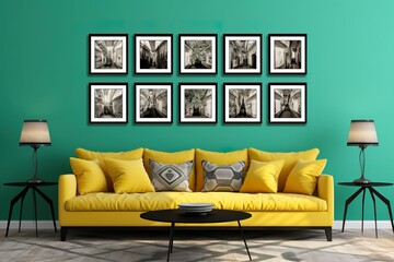 modern wall in a living room with many identical rectangle picture frames, ornate, flowers, fresh