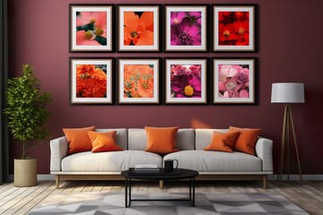 modern wall in a living room with many identical rectangle picture frames, ornate, flowers, fresh