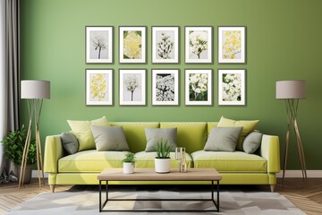 modern wall in a living room with many identical rectangle picture frames, ornate, flowers, fresh