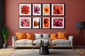 modern wall in a living room with many identical rectangle picture frames, ornate, flowers, fresh