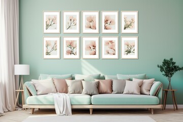 modern wall in a living room with many identical rectangle picture frames, ornate, flowers, fresh