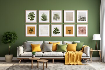 modern wall in a living room with many identical rectangle picture frames, ornate, flowers, fresh