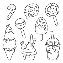 Cute Kawaii Sweets.  Vector line art clipart set in kawaii style depicting sweets, ice cream, lollipops, donuts, milkshake, cupcake. Black line on an isolated cut out background.
