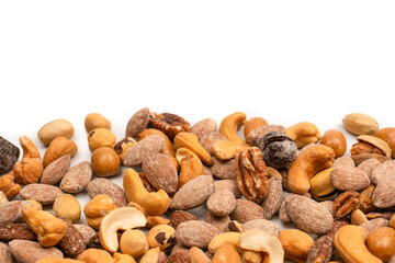 A group of almonds, pistachios, walnuts, macadamia, cashews.