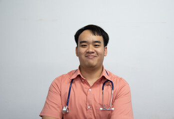 Smart medicine doctor in uniform on white background in the hospital.