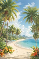 Fototapeta na wymiar Tropical Paradise: A Serene Oasis of Palms and Sandy Beach. Made with Generative AI