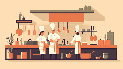 Chef cooking in kitchen flat vector illustration. Cartoon male and female chefs in uniform standing at the counter in restaurants or cafe. Cooking process concept, Generative Ai