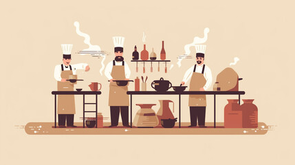 Chef cooking in kitchen flat vector illustration. Cartoon male and female chefs in uniform standing at the counter in restaurants or cafe. Cooking process concept, Generative Ai