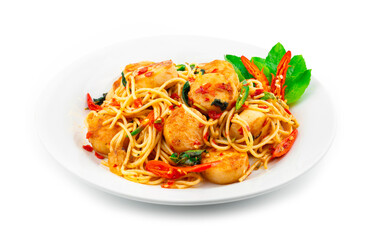 Spaghetti Scalloped Stir Fried with Spicy Basil