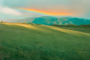 Beautiful view with rainbow in green mountain meadow. Generative AI.