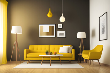 contemporary interior design for 3 poster frame in mock living room with yellow sofa, wooden pots and floor lamp, template, 3d render, illustration
