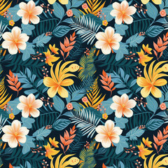 Fototapeta premium Exotic Tropical Leaves and Flowers Seamless Pattern - Nature's Splendor, 300 DPI, 12x12 inc