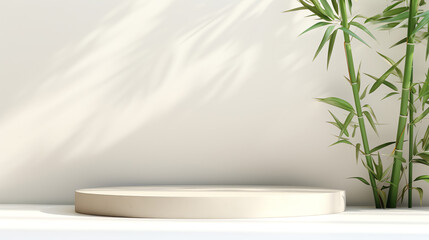 Minimalist podium, bamboo tree in sunlight, leaf shadow in blank white concrete wall for modern luxury organic beauty, cosmetic, skincare, nature, fashion product display background. Generative AI