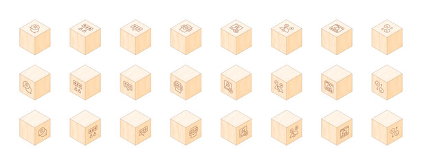 Feedback line icons printed on 3D wooden blocks. Cube Wood. Isometric Wood. Vector illustration. Containing feedback, review, rating, best employee, meter, restaurant.
