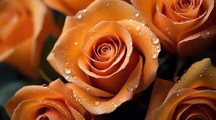 Orange Roses flowers with water drops background. Closeup of blossom with glistening droplets. Generative AI