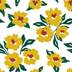 Seamless floral pattern, folk style ditsy print with drawing of small flowers. Simple botanical design, ornament, tile: hand drawn yellow flowers, leaves on white background. Vector illustration.
