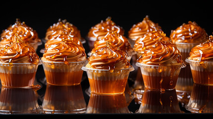 Generative AI image of caramel cupcakes, with a moist caramel-infused sponge, crowned with luscious caramel buttercream frosting, and drizzled with rich caramel sauce, a sweet and indulgent delight