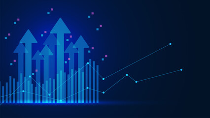 Financial graph growth of business, development progress and financial company statistic report with up arrows.