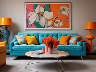 Interior design of modern living room with turquoise sofa and big posters generative ai