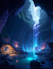 A hidden underground cavern with glowing crystal, generative ai.