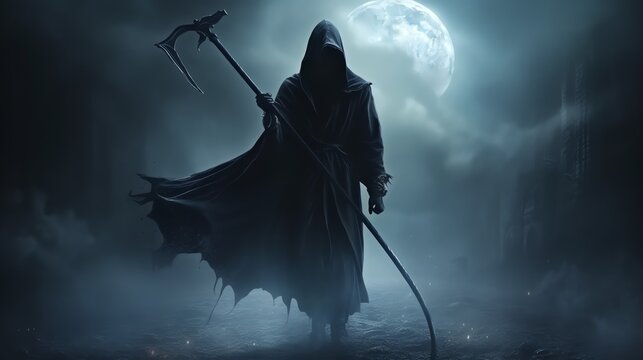 Death in black cloak. Death in black clothes with black hood the backdrop of the moon. Grim reaper in the fog. Halloween concept. Scary ghost. Generative AI