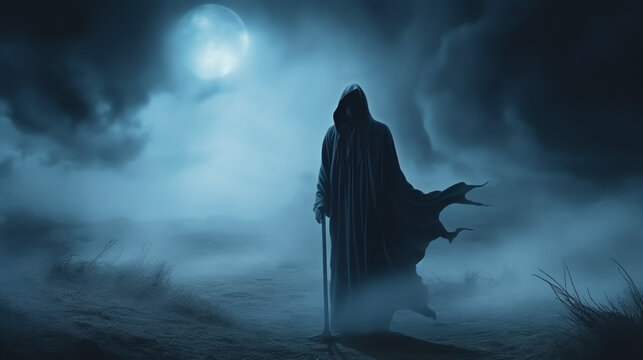 Death in black cloak. Death in black clothes with black hood the backdrop of the moon. Grim reaper in the fog. Halloween concept. Scary ghost. Generative AI