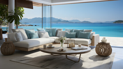 Fototapeta na wymiar Luxury living room interior with white couch and seascape view Generative AI