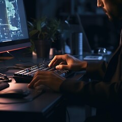 businessman in suit typing on computer in the style of night photography working