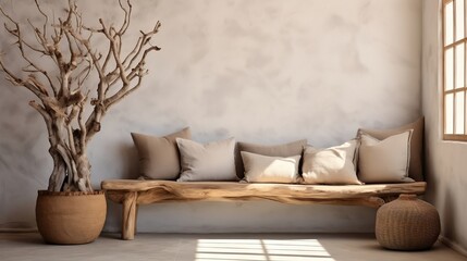 Rustic aged wood tree trunk bench with pillows near stucco wall interior design of modern living room generative ai