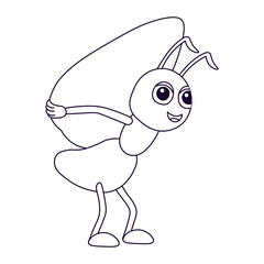 Funny cartoon ants. An ant carries a large seed. Cartoon ant for children on a white background.