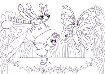 Coloring page. Summer Landscape of field with cartoon butterfly, and, dragonfly, flowers and sky background. Vector illustration in cartoon style