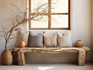 Fototapeta na wymiar Rustic aged wood tree trunk bench with pillows near stucco wall interior design of modern living room generative ai
