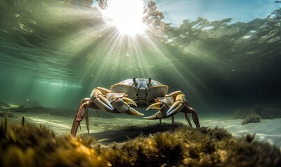 Mangrove crab captured in stunning detail in an underwater close-up shot. Creating using generative AI tools - obrazy, fototapety, plakaty