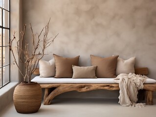 Rustic aged wood tree trunk bench with pillows near stucco wall interior design of modern living room generative ai