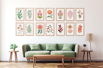 an array of bohemian minimalist blank wood framed prints on a white wall, in the style of flower and nature motifs