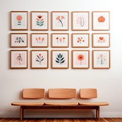 an array of bohemian minimalist blank wood framed prints on a white wall, in the style of flower and nature motifs