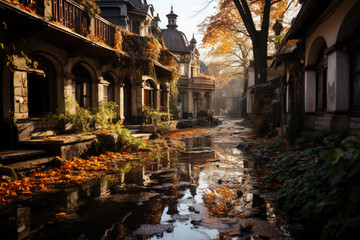 Fototapeta na wymiar Autumn city rainy landscape, orange golden foliage, fall wallpaper, AI Generated