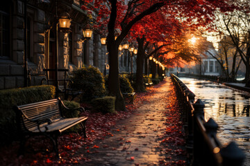 Autumn city rainy landscape, orange golden foliage, fall wallpaper, AI Generated