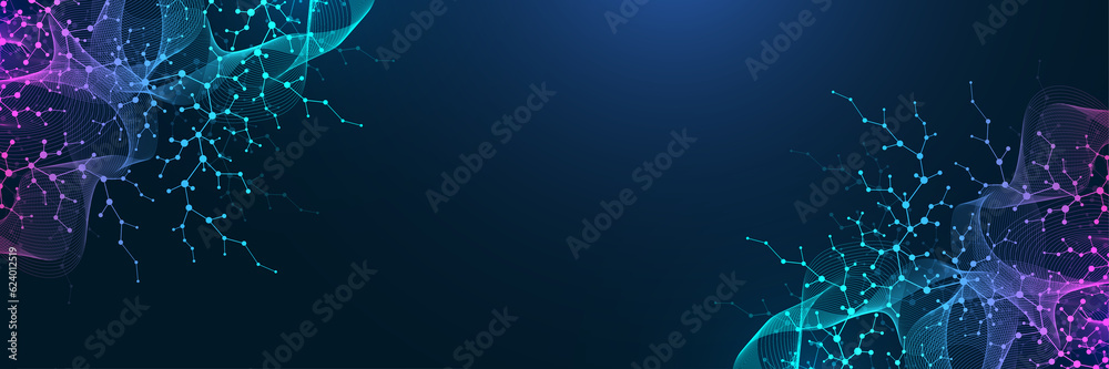 Poster molecular structure background. science template wallpaper or banner with a dna molecules. asbtract 