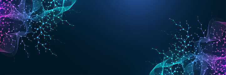 Molecular structure background. Science template wallpaper or banner with a DNA molecules. Asbtract molecule background with hexagons, wave flow, illustration.