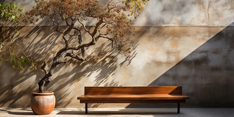 AI Generated. AI Generative. Urban city garden park with concrete stone wall and wooden bench and tree. Nature outdoor relaxing minimal time. Graphic