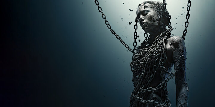 A human bound by chains, the constraints and limitations imposed on individuals, symbolizes oppression, lack of freedom, and emotional burdens that restrict their emotional liberation. Generative AI