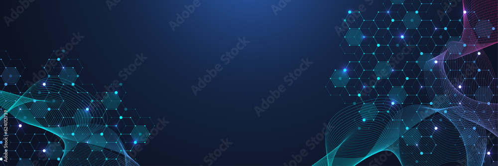 Aufkleber Modern scientific abstract background with hexagon shapes, lines and dots. Innovation concept design with hexagons and wave flow. Molecular structure idea. Geometric pattern, illustration