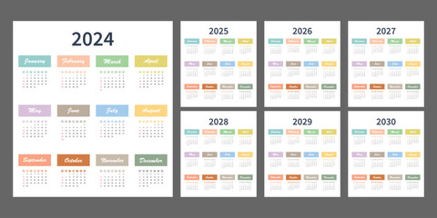 Fototapeta na wymiar Calendar 2024, 2025, 2026, 2027, 2028, 2029, 2030 years. The week starts on Sunday. A simple annual template for pocket or wall-mounted calenders. Organizer's yearbook. English